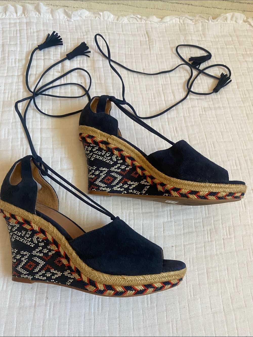 CAbi Navy Suede Lace-Up Wedge Espadrilles with Patterned Jute